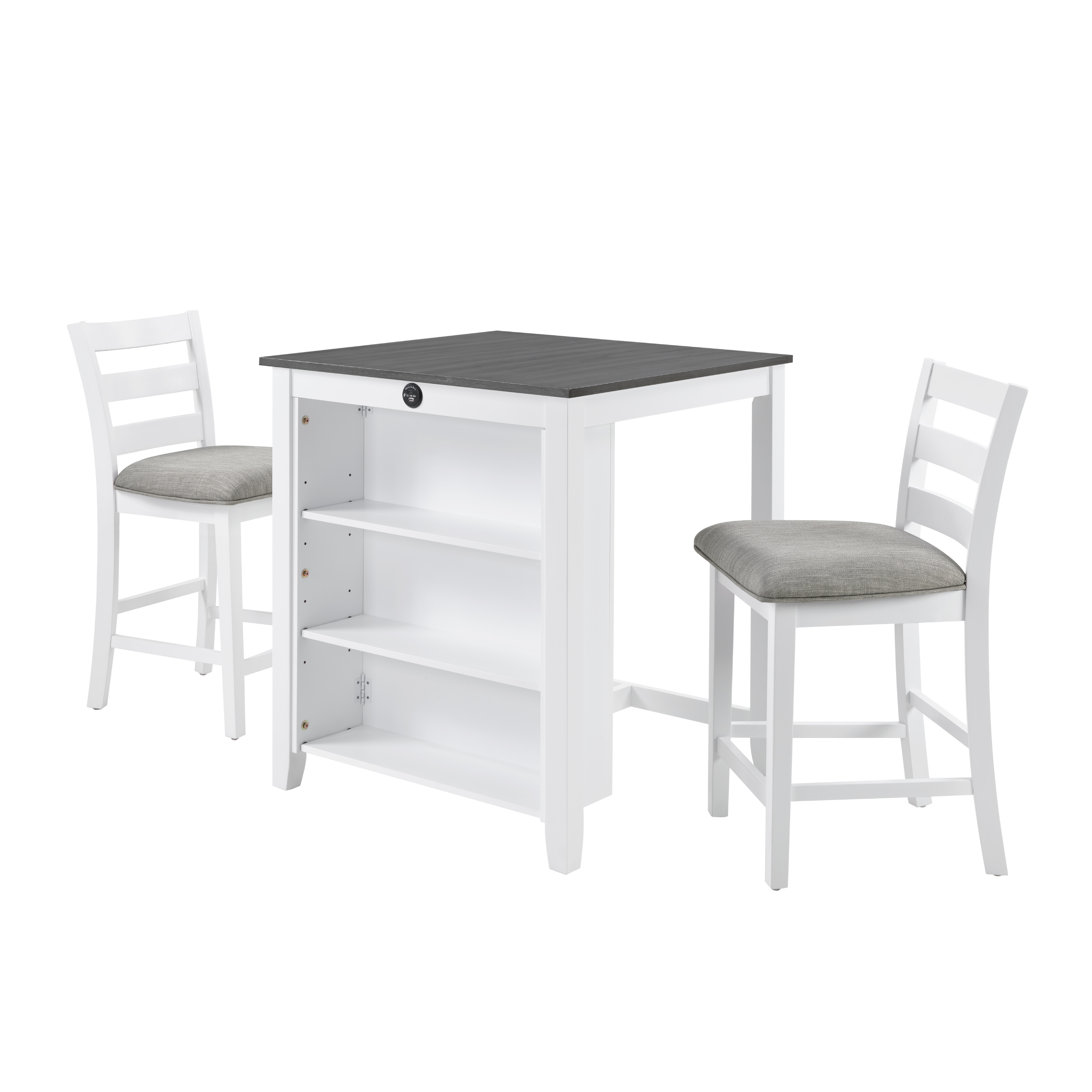 30" Modern Dining Table Set For 2 With Charging Station & 3-Tier Adjustable Storage | Space-Saving Kitchen Set With Upholstered Chairs For Small Spaces, Apartment,Off White_voghion.com
